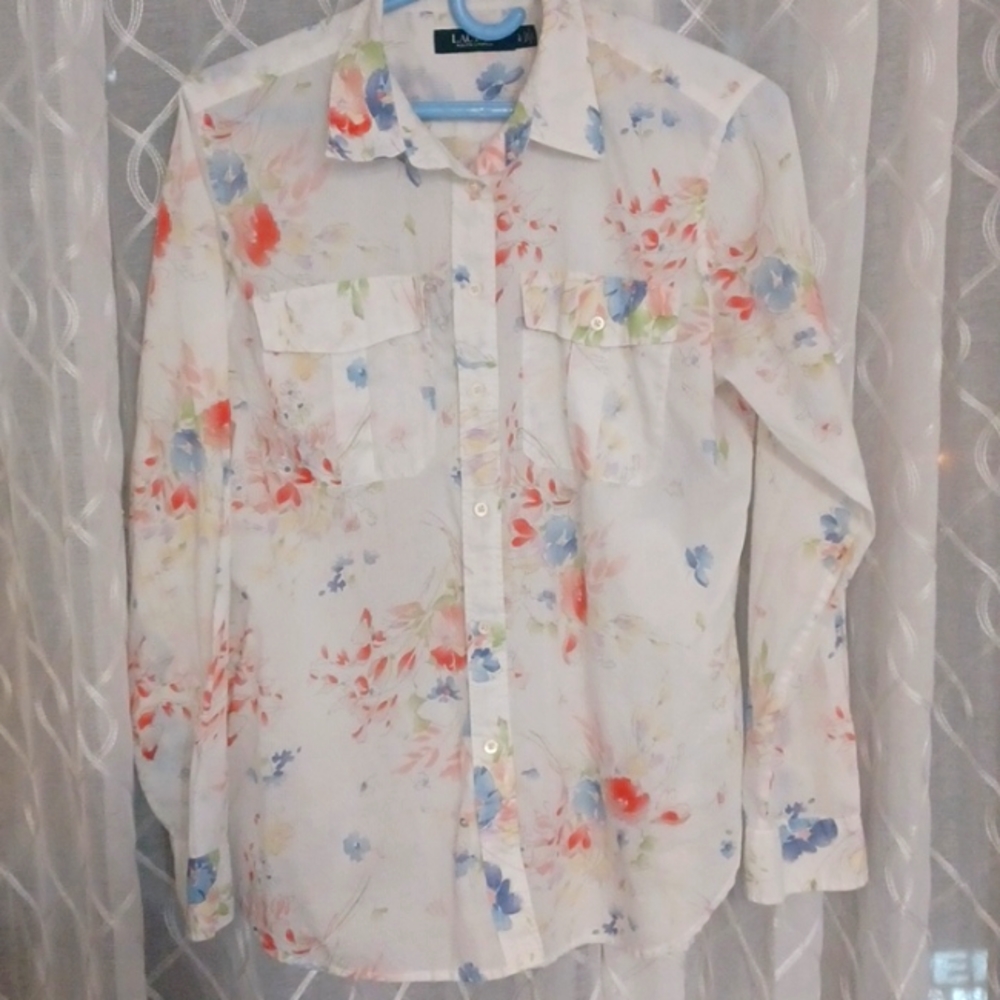 Floral Button Down Shirt - White and Blue